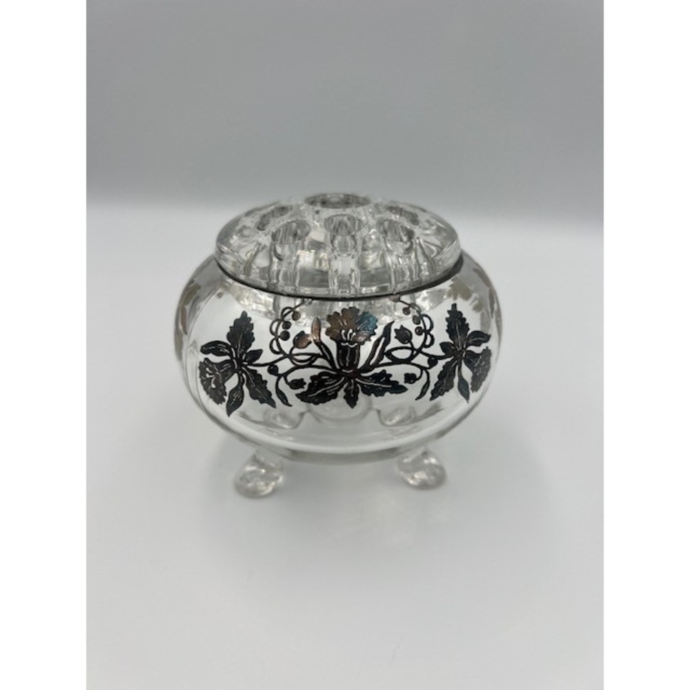 Viking Glass Vintage 3 Footed Rose Bowl Flower Frog Silver Overlay Floral Clear